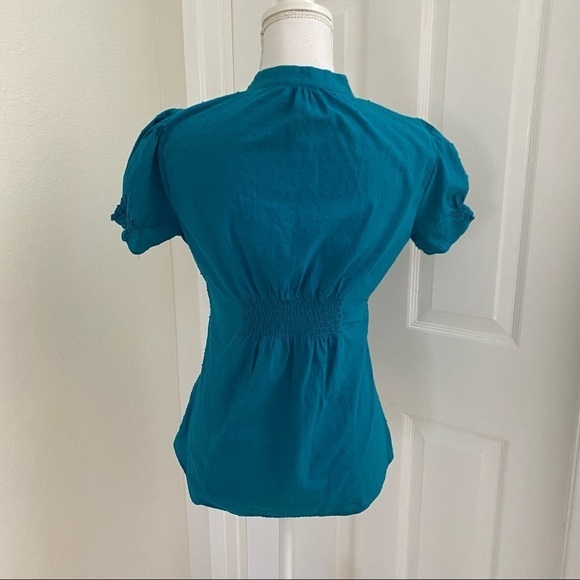 Love on a Hanger Teal Blue Swiss Dot Mock Neck Crochet Front Panel Blouse Sz Lg - Picture 7 of 8